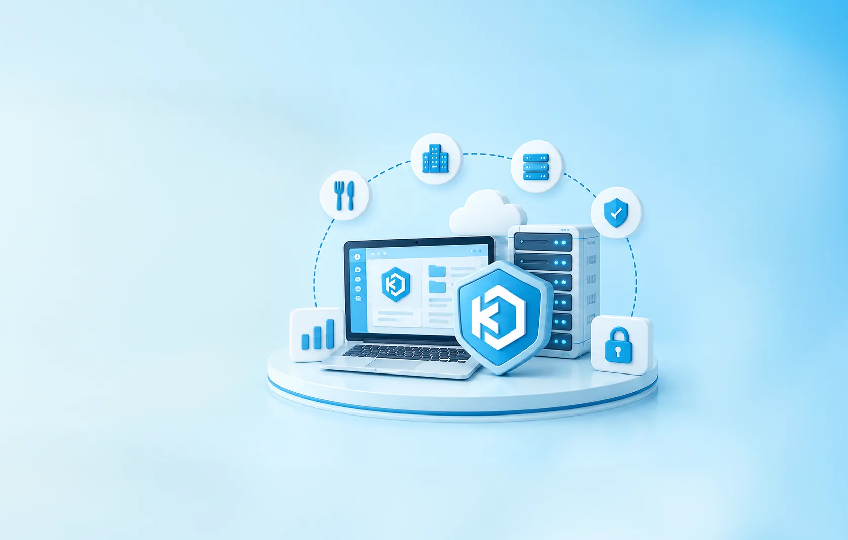 Isometric illustration of an isolated Kasm Workspaces lab with servers, a laptop and security icons